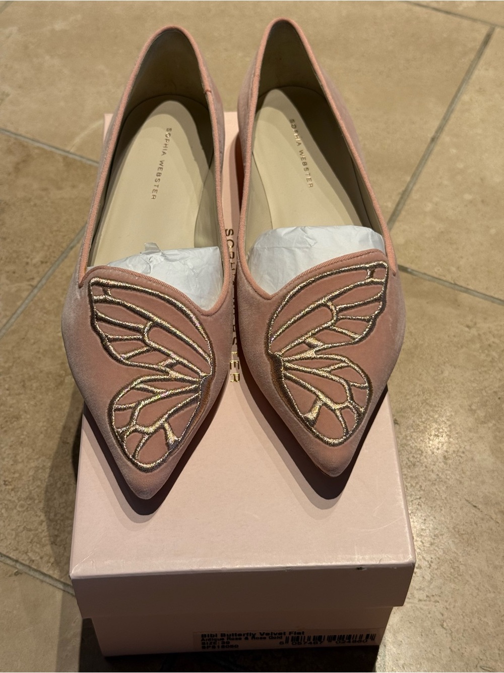 Sophia Webster Blush Pink Suede Pointed Flats with Gold Butterfly Detail New